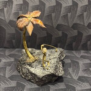 Brutalist Copper Bronze Golf Figurine on Lava Volcano Rock Base